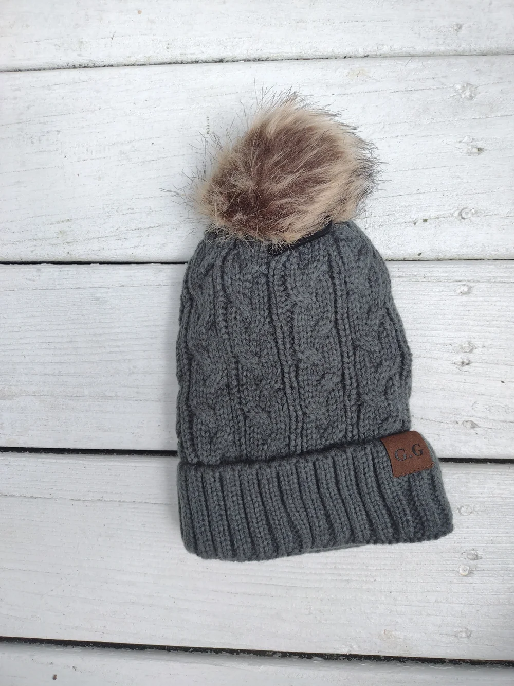 Gray Knit Womens Pom Puff Hat